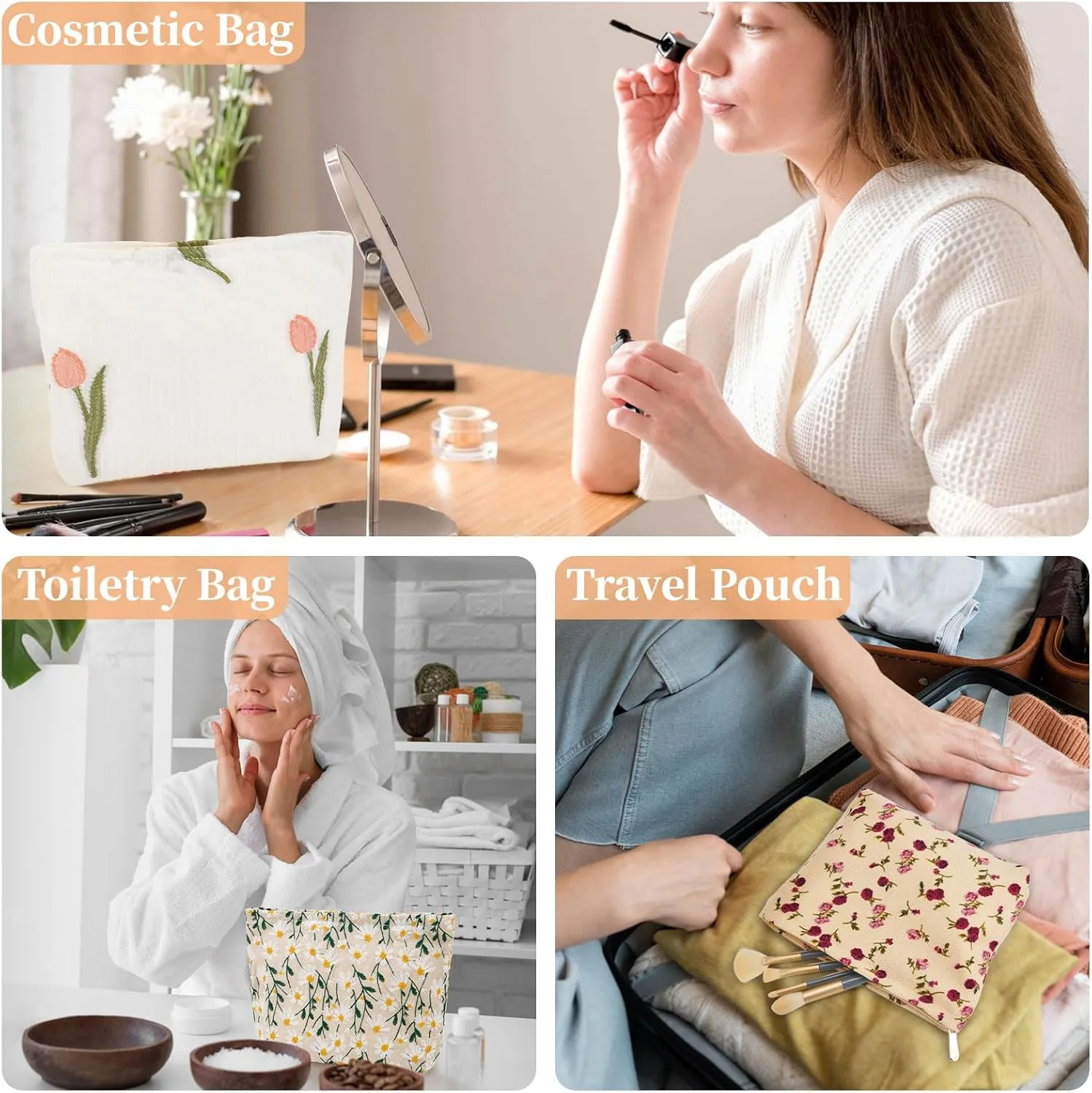 WOZEAH Floral Corduroy Makeup Bag for Purse Small Cosmetic Pouch,Stylish Zipper Make up Pouch Travel Canvas Toiletry Bags(Lace Embroidery 2)