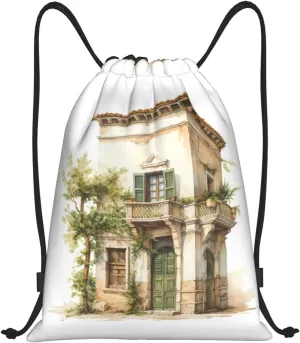 WURTON Antique Building With Roman Olive Branch And Greek Print Lightweight Drawstring Bags Waterproof Gym Sack For Men, Women Draw String Back Bag