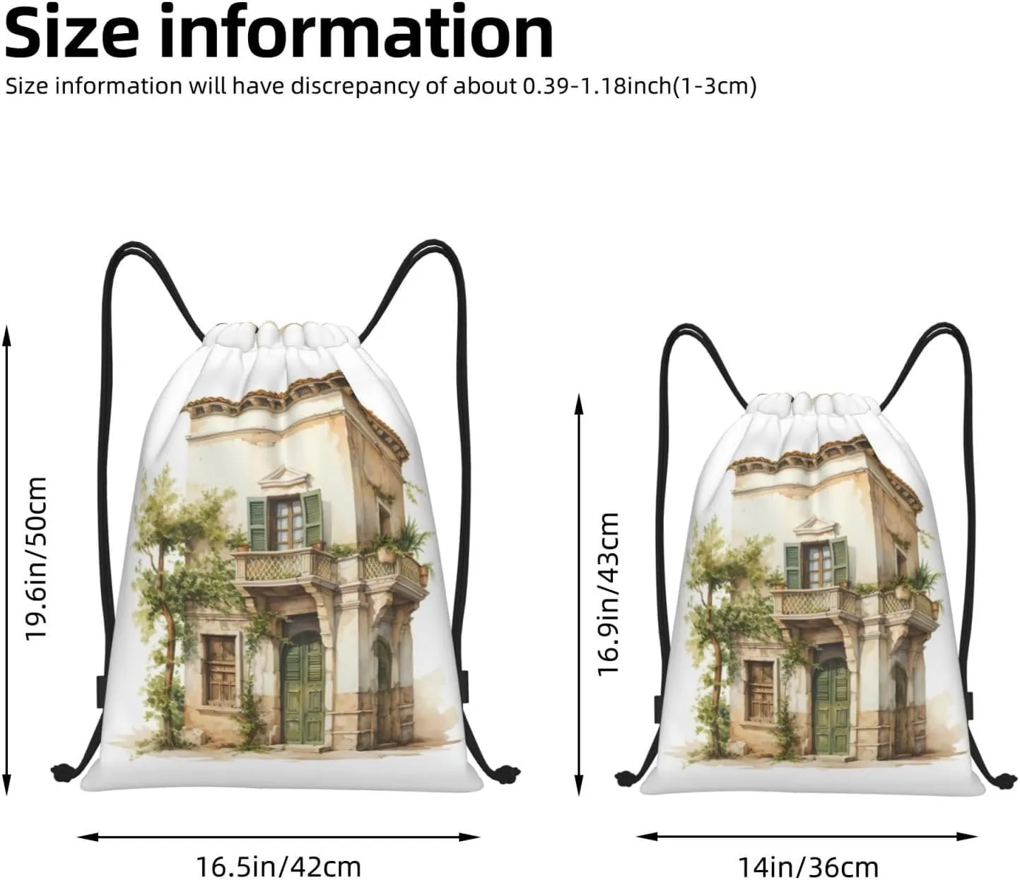 WURTON Antique Building With Roman Olive Branch And Greek Print Lightweight Drawstring Bags Waterproof Gym Sack For Men, Women Draw String Back Bag