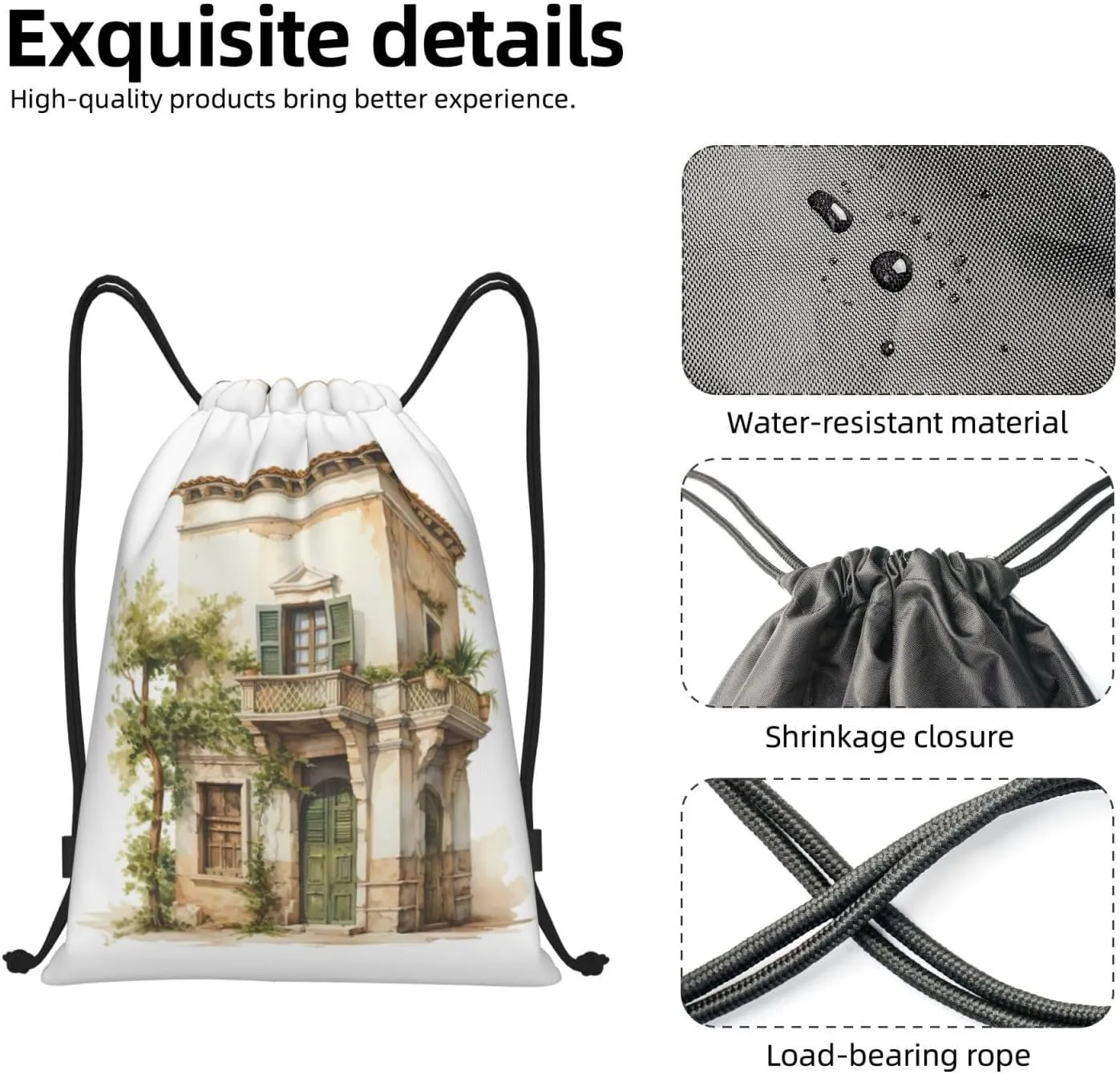 WURTON Antique Building With Roman Olive Branch And Greek Print Lightweight Drawstring Bags Waterproof Gym Sack For Men, Women Draw String Back Bag