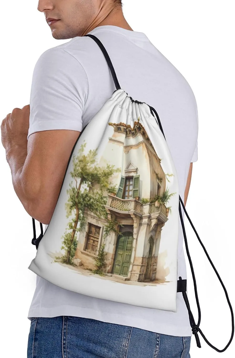 WURTON Antique Building With Roman Olive Branch And Greek Print Lightweight Drawstring Bags Waterproof Gym Sack For Men, Women Draw String Back Bag