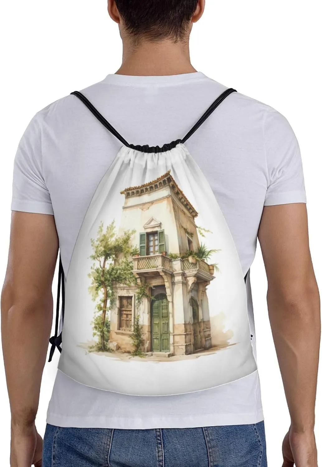 WURTON Antique Building With Roman Olive Branch And Greek Print Lightweight Drawstring Bags Waterproof Gym Sack For Men, Women Draw String Back Bag