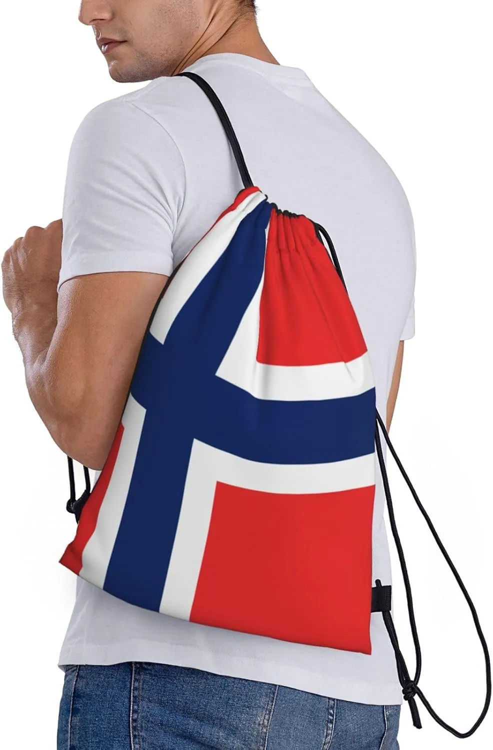 WURTON Norwegian Flag Print Lightweight Drawstring Bags Waterproof Gym Sack For Men, Women Draw String Back Bag