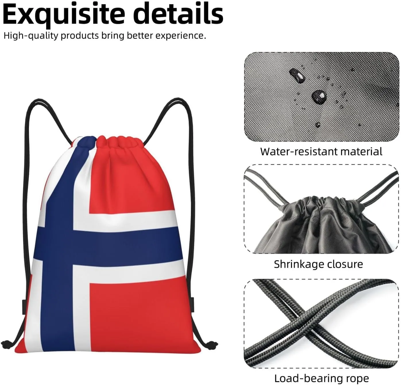 WURTON Norwegian Flag Print Lightweight Drawstring Bags Waterproof Gym Sack For Men, Women Draw String Back Bag