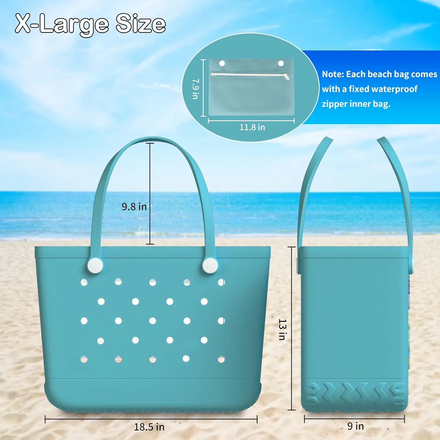 X-Large Rubber Beach Bag Tote Bag with Waterproof Zipper Inner Bag, Washable Durable Tote Bag Storage bags