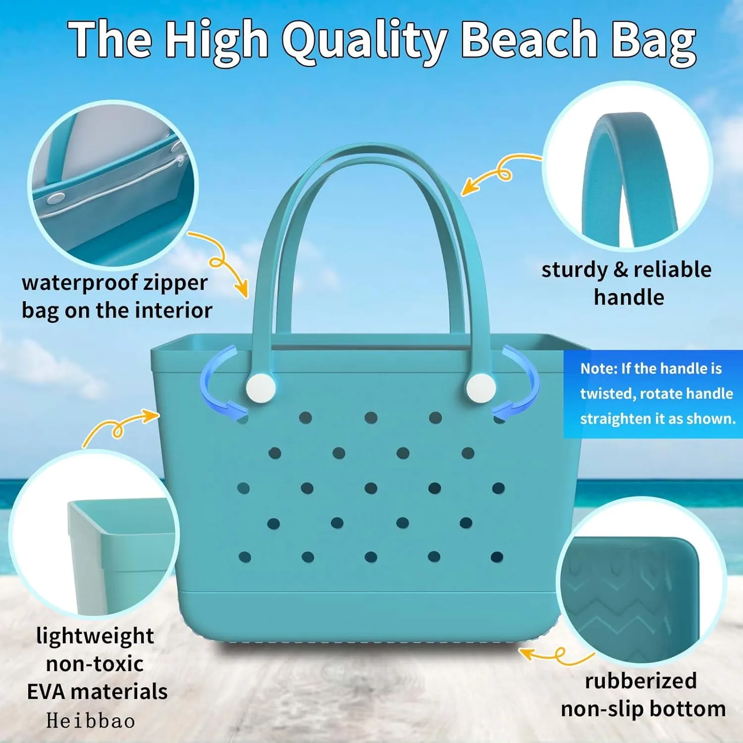 X-Large Rubber Beach Bag Tote Bag with Waterproof Zipper Inner Bag, Washable Durable Tote Bag Storage bags