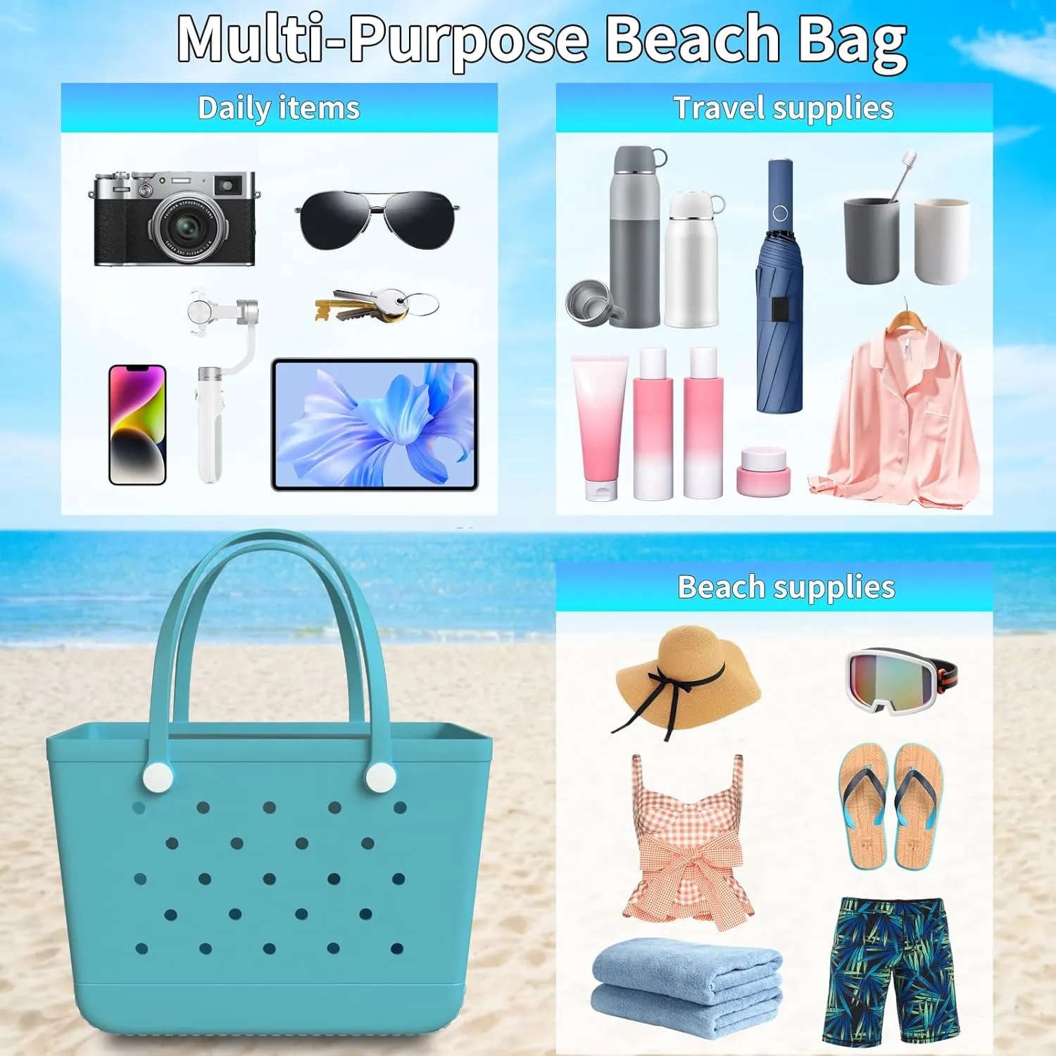 X-Large Rubber Beach Bag Tote Bag with Waterproof Zipper Inner Bag, Washable Durable Tote Bag Storage bags
