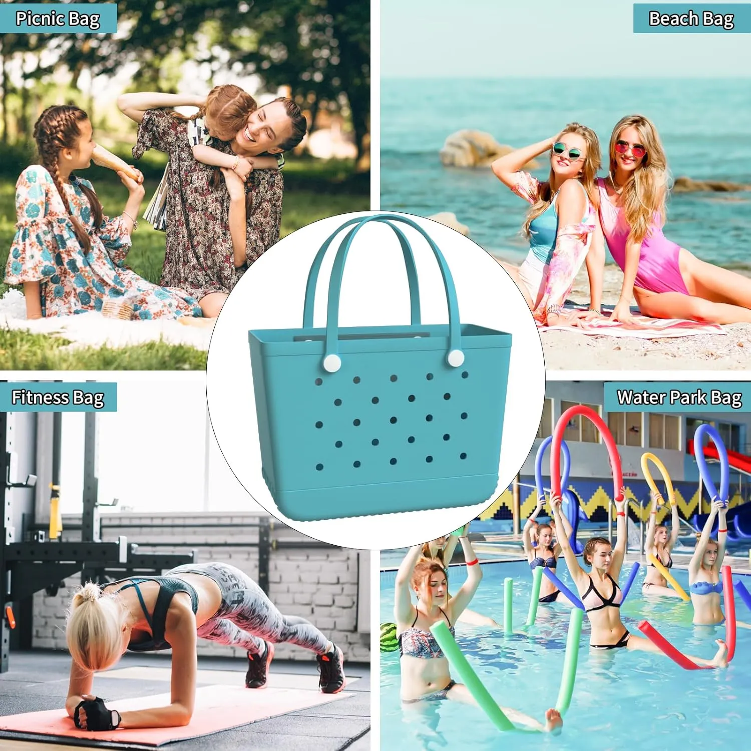 X-Large Rubber Beach Bag Tote Bag with Waterproof Zipper Inner Bag, Washable Durable Tote Bag Storage bags