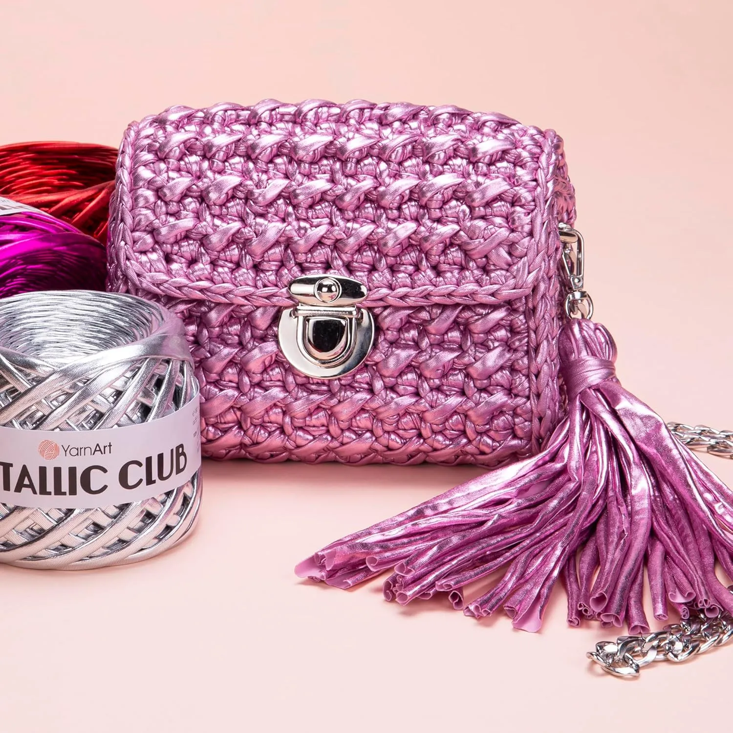 YarnArt Metallic Club – Super Bulky T-Shirt Yarn, 100% Polyester, 6.35 oz (180g), 60 yds (55m), Shiny Multicolor Thread for Handbags, Chic Night Bags, and Crochet Projects (8105)