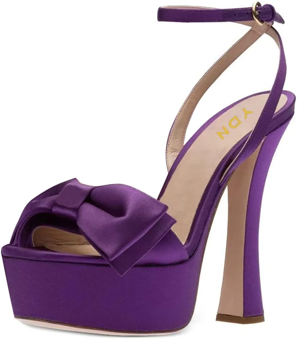YDN Women Platform Peep Toe Sandals Bow Block High Heels Lace up Prom Evening Dress Shoes Size 4-15 US