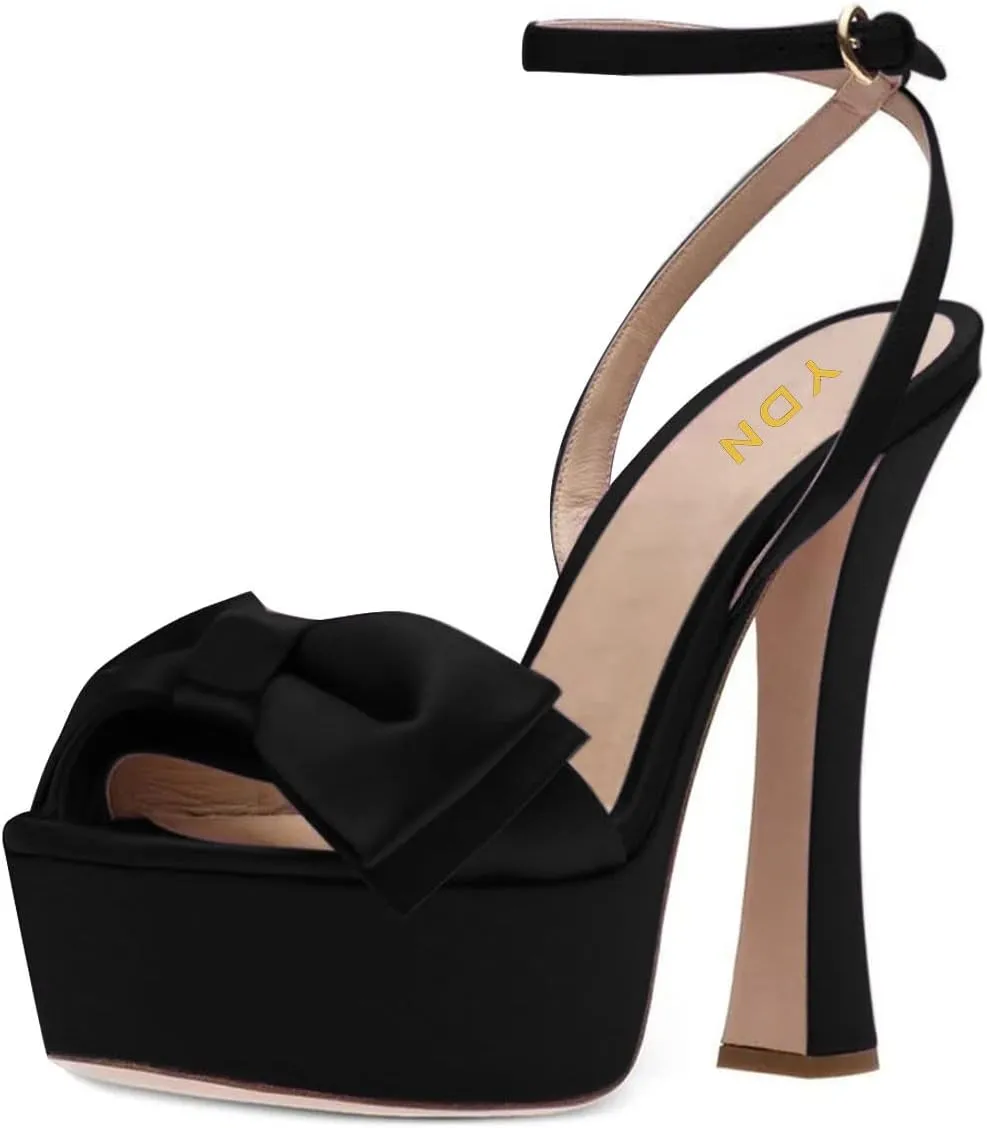 YDN Women Platform Peep Toe Sandals Bow Block High Heels Lace up Prom Evening Dress Shoes Size 4-15 US