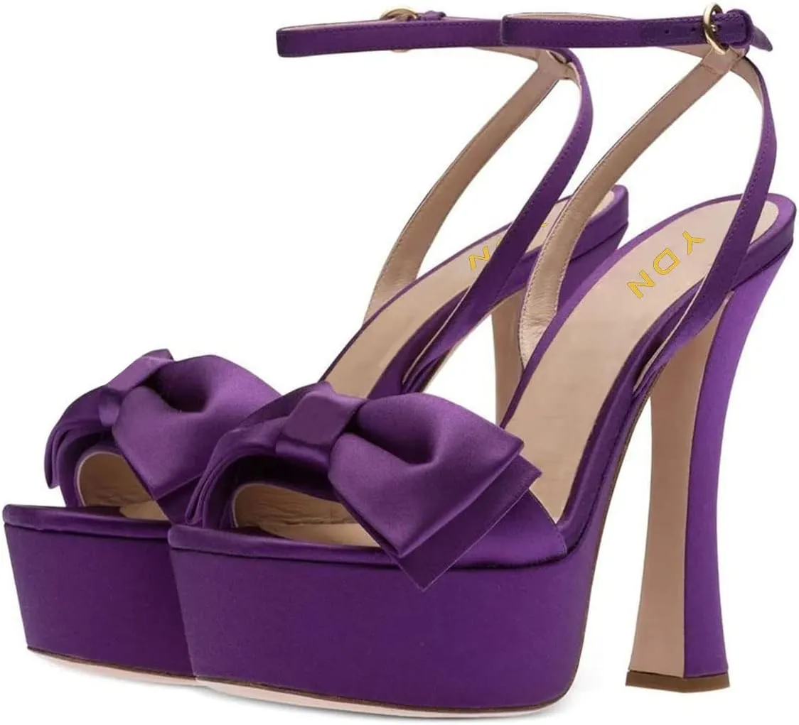 YDN Women Platform Peep Toe Sandals Bow Block High Heels Lace up Prom Evening Dress Shoes Size 4-15 US