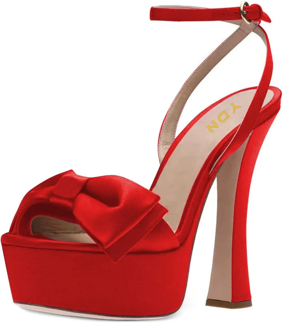 YDN Women Platform Peep Toe Sandals Bow Block High Heels Lace up Prom Evening Dress Shoes Size 4-15 US
