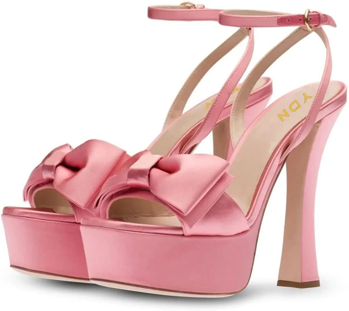 YDN Women Platform Peep Toe Sandals Bow Block High Heels Lace up Prom Evening Dress Shoes Size 4-15 US