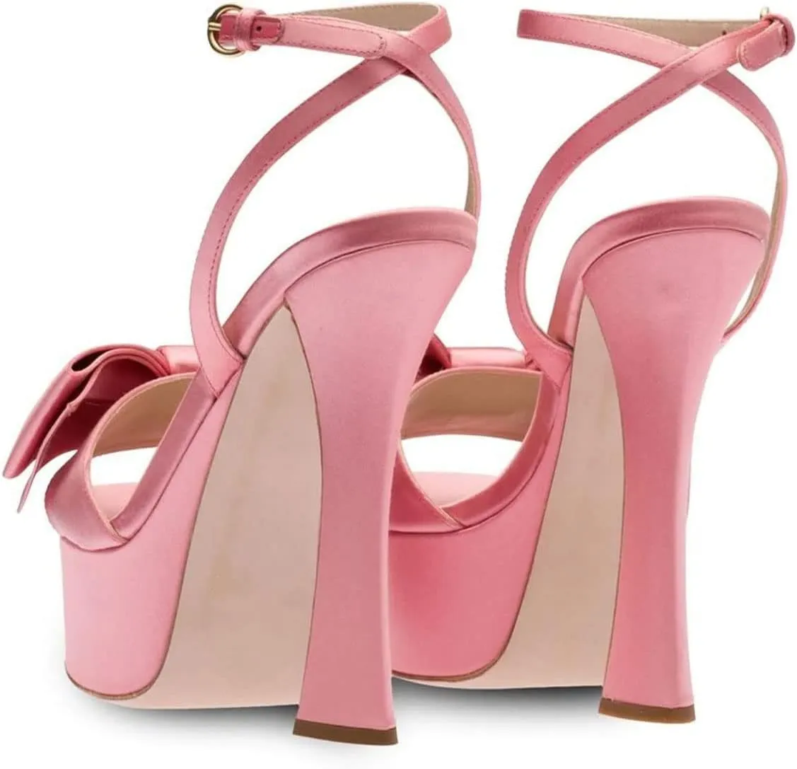 YDN Women Platform Peep Toe Sandals Bow Block High Heels Lace up Prom Evening Dress Shoes Size 4-15 US