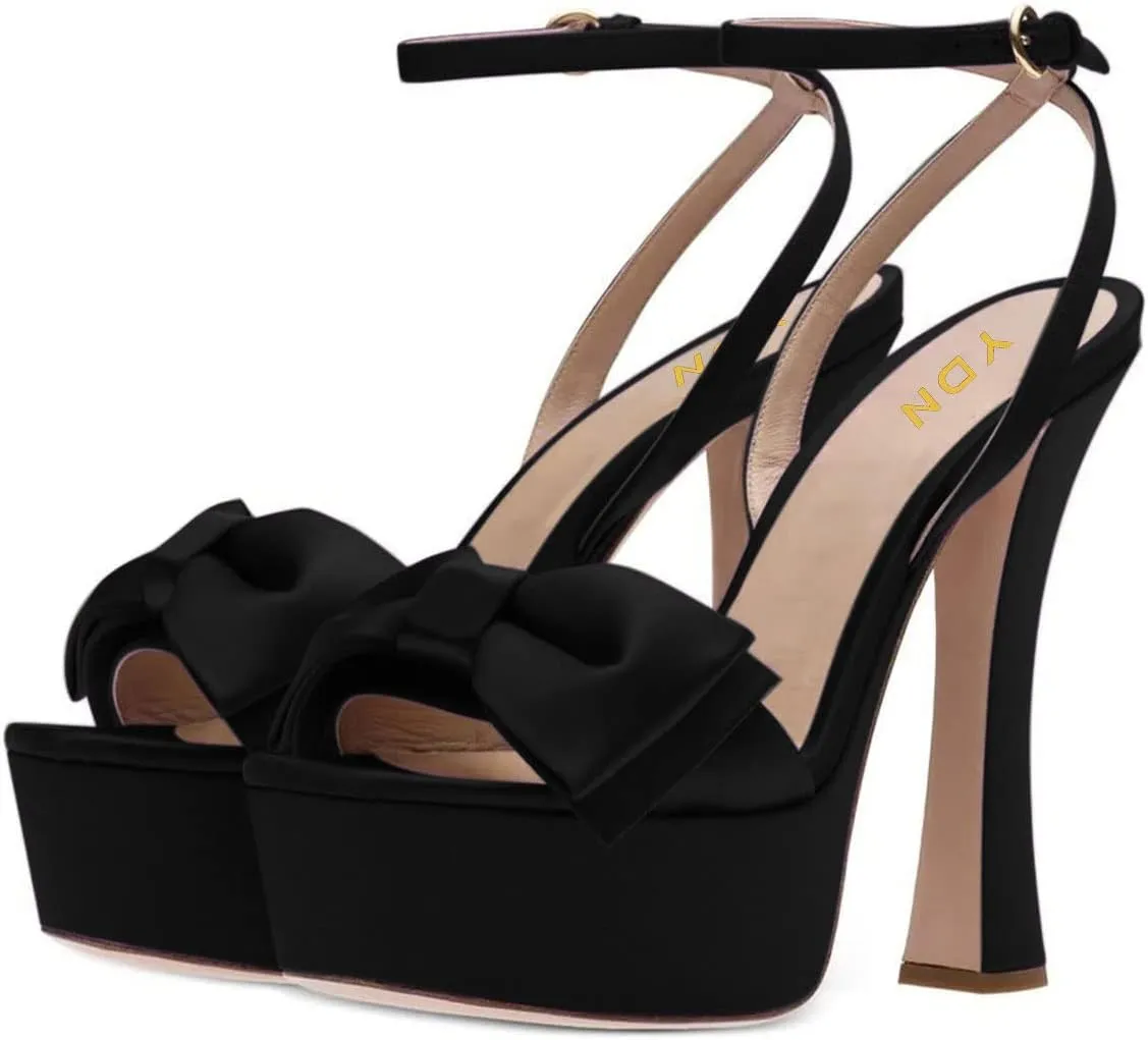 YDN Women Platform Peep Toe Sandals Bow Block High Heels Lace up Prom Evening Dress Shoes Size 4-15 US