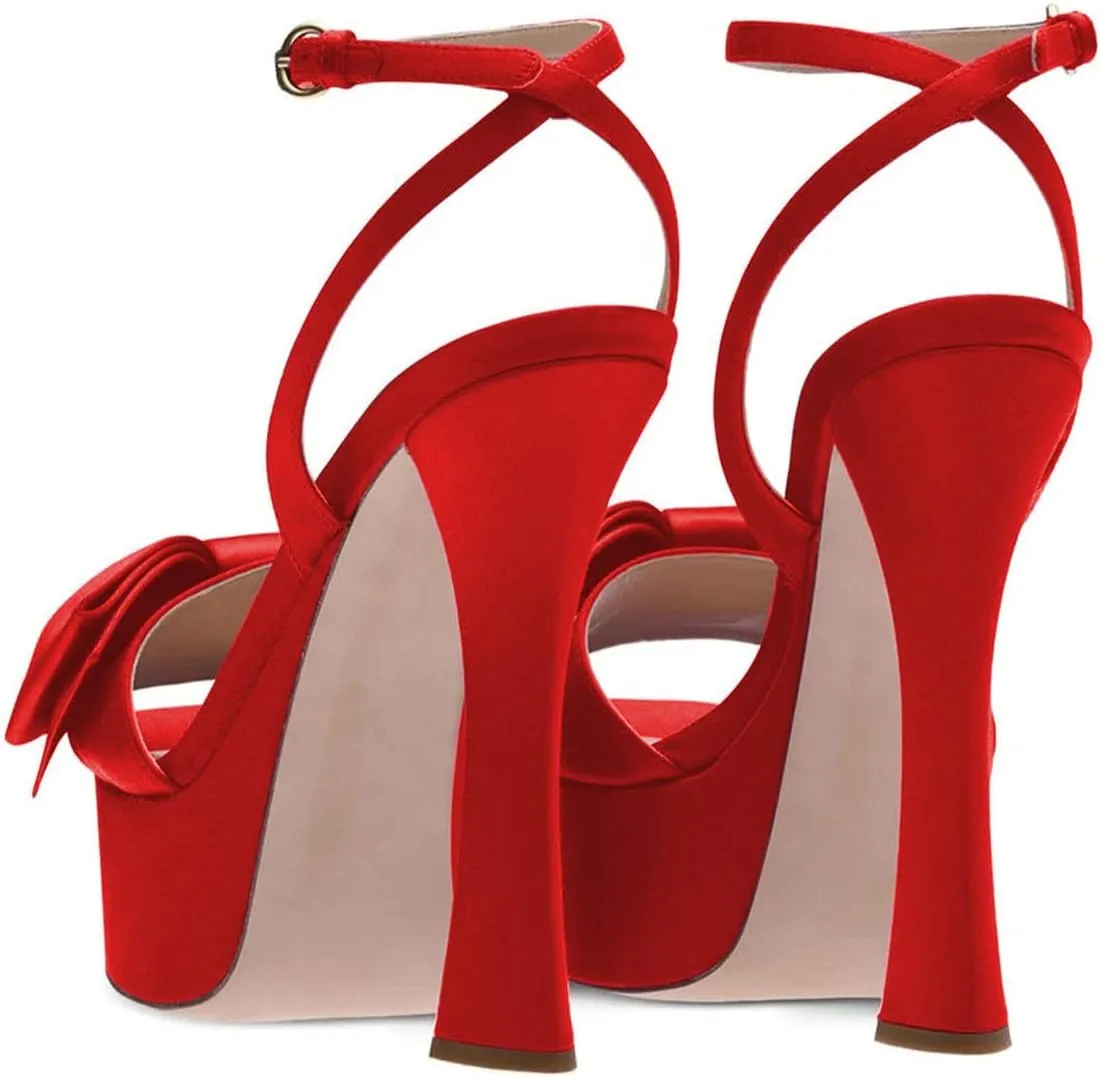 YDN Women Platform Peep Toe Sandals Bow Block High Heels Lace up Prom Evening Dress Shoes Size 4-15 US