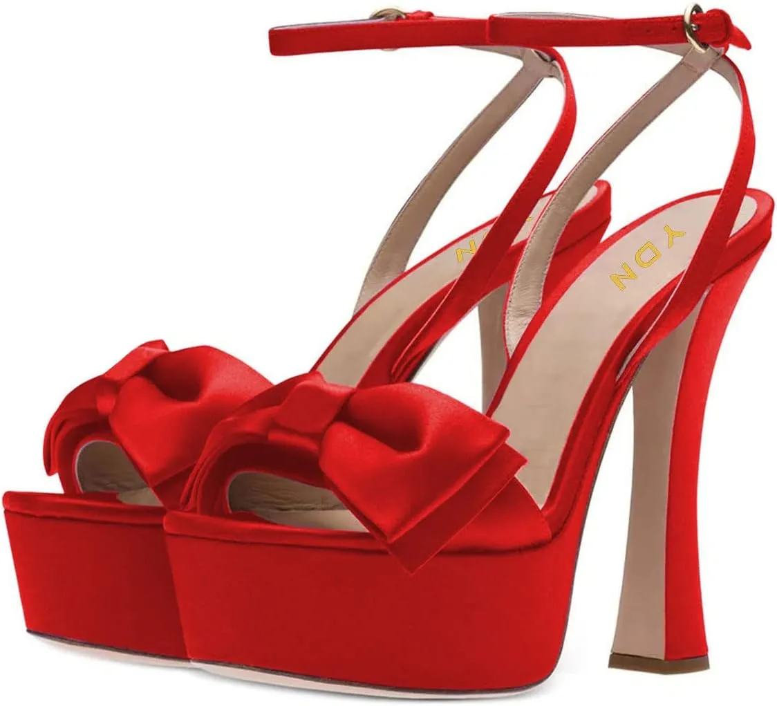 YDN Women Platform Peep Toe Sandals Bow Block High Heels Lace up Prom Evening Dress Shoes Size 4-15 US