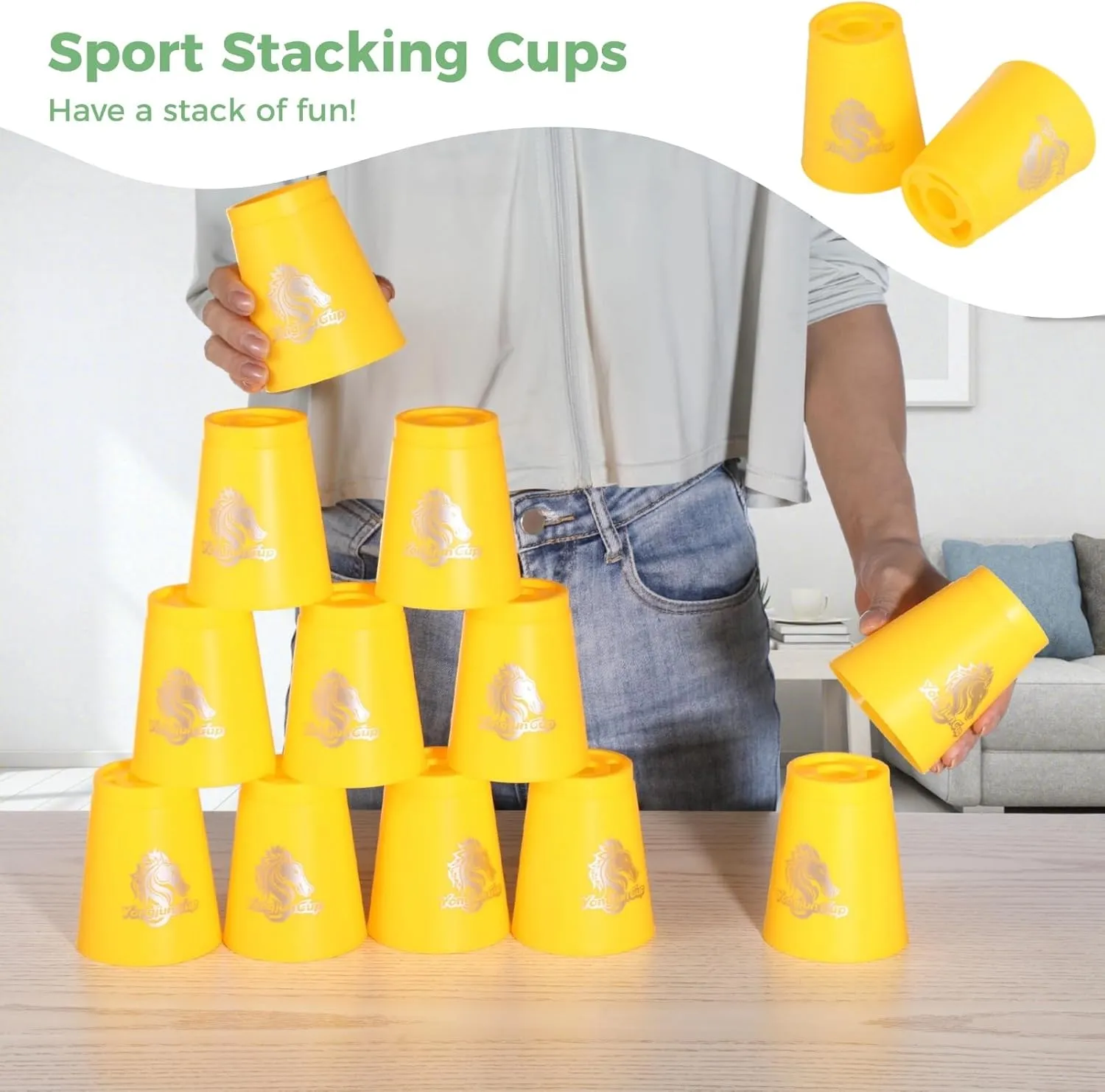 yeesport 48 PCS Sport Stacking Cups with Horse Pattern, Sport Training Game for Challenge Competition, Plastic Stacking Cups, Classic Family Game for Youth and Adults, Red Blue Green Yellow