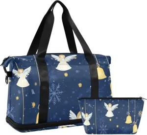 Yellow Merry Christmas Bell Angel Oversized Travel Duffel Bag Carry on Weekender Overnight Bag with Adjustable Strap for Travel 2 Pcs Set
