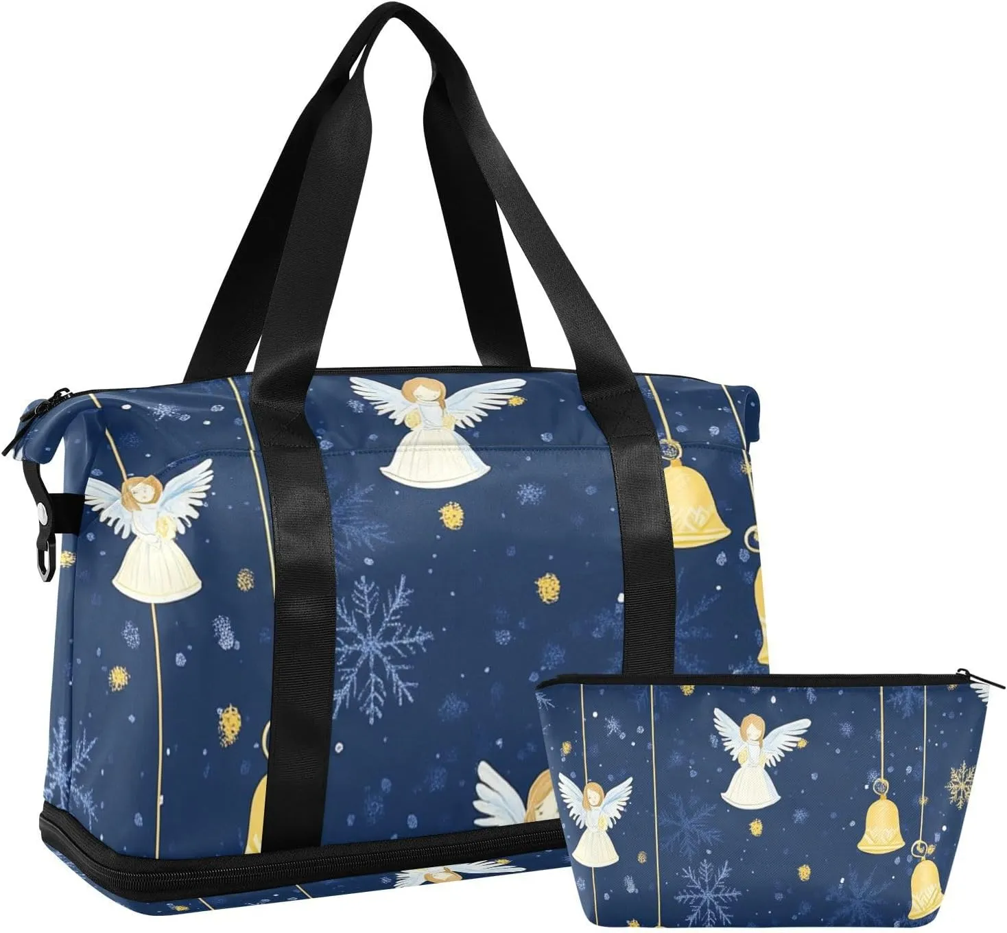 Yellow Merry Christmas Bell Angel Oversized Travel Duffel Bag Carry on Weekender Overnight Bag with Adjustable Strap for Travel 2 Pcs Set