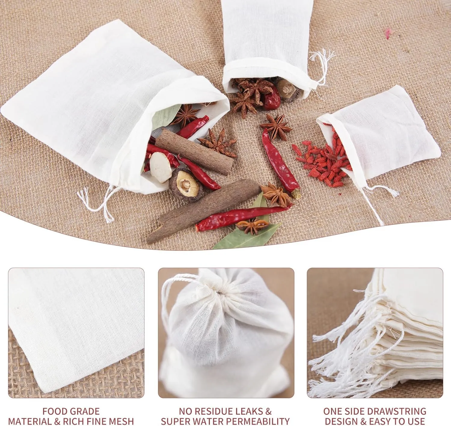 YICHEN 50pcs Muslin Bags with Drawstring,White Spice Bags, Safe and Natural Cotton Material Tea Filter Bags,Cheesecloth Bags for Coffee,Tea,Soup etc.8 x 6 inch.