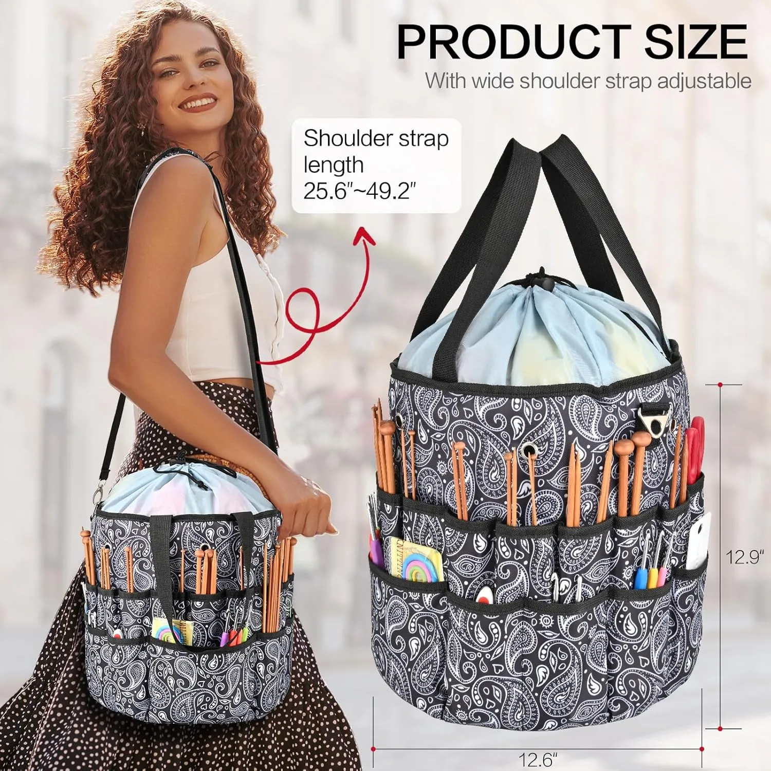 yookee home Crochet Bag Organizer Crochet Storage Bag Yarn Organizer for Crochet Accessories and Supplies Yarn Bag for Crocheting,Yarn Holder, Knitting Bag,Yarn Tote Yarn Storage Organizer Paisley