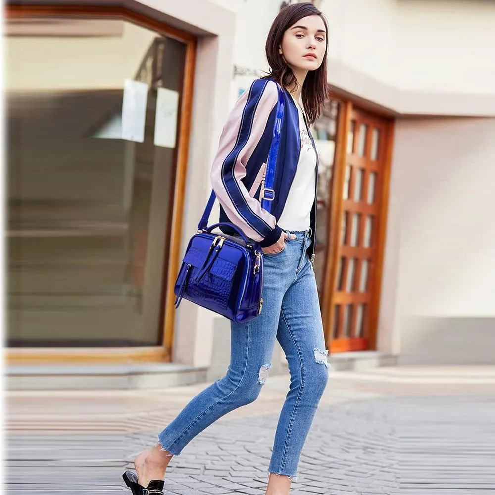 ZiMing Glossy Patent Leather Satchel Handbags for Women Top Handle Crossbody Bag Shoulder Bag Crocodile Pattern Purse