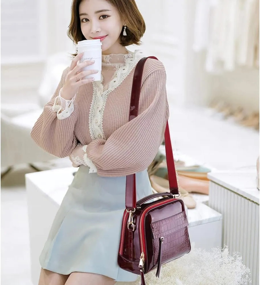 ZiMing Glossy Patent Leather Satchel Handbags for Women Top Handle Crossbody Bag Shoulder Bag Crocodile Pattern Purse