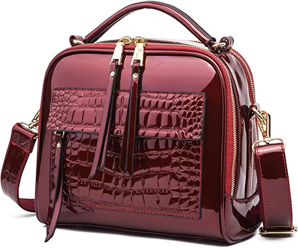 ZiMing Glossy Patent Leather Satchel Handbags for Women Top Handle Crossbody Bag Shoulder Bag Crocodile Pattern Purse
