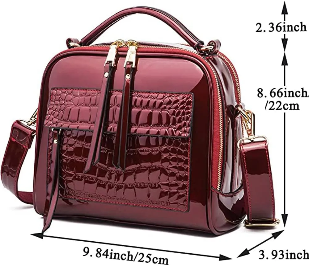 ZiMing Glossy Patent Leather Satchel Handbags for Women Top Handle Crossbody Bag Shoulder Bag Crocodile Pattern Purse