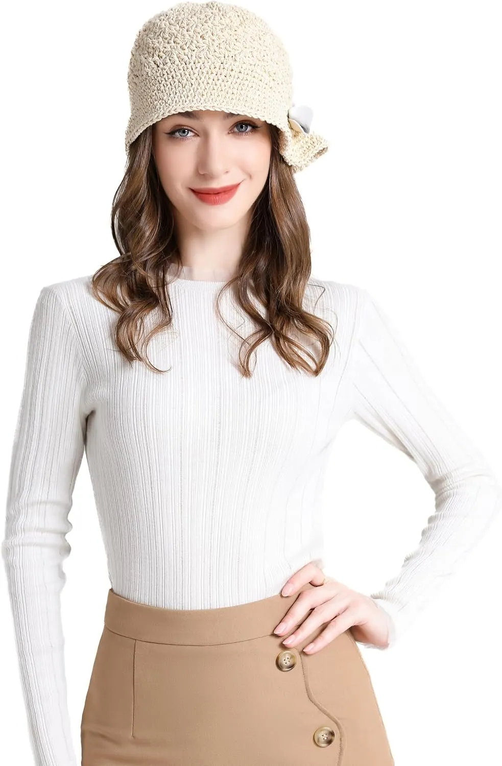 ZLYC Women Winter Crochet Bucket Hat Handmade Cotton Knit Cloche Bowler Hats