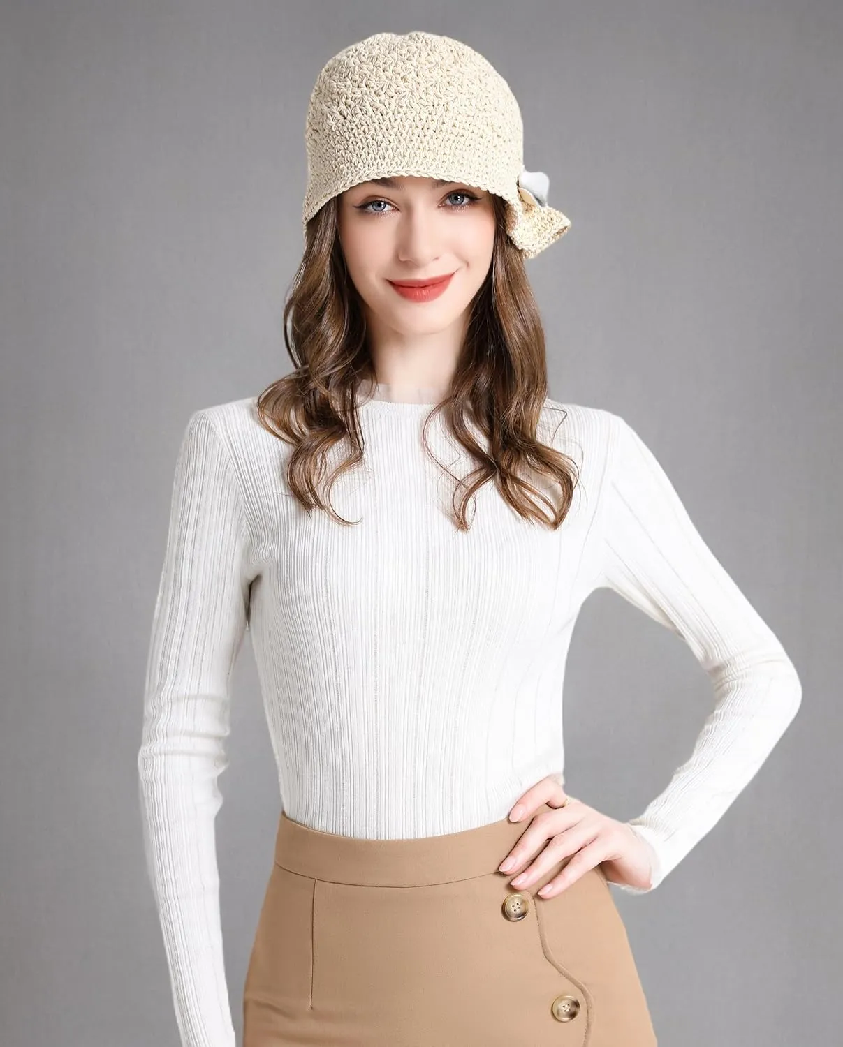 ZLYC Women Winter Crochet Bucket Hat Handmade Cotton Knit Cloche Bowler Hats
