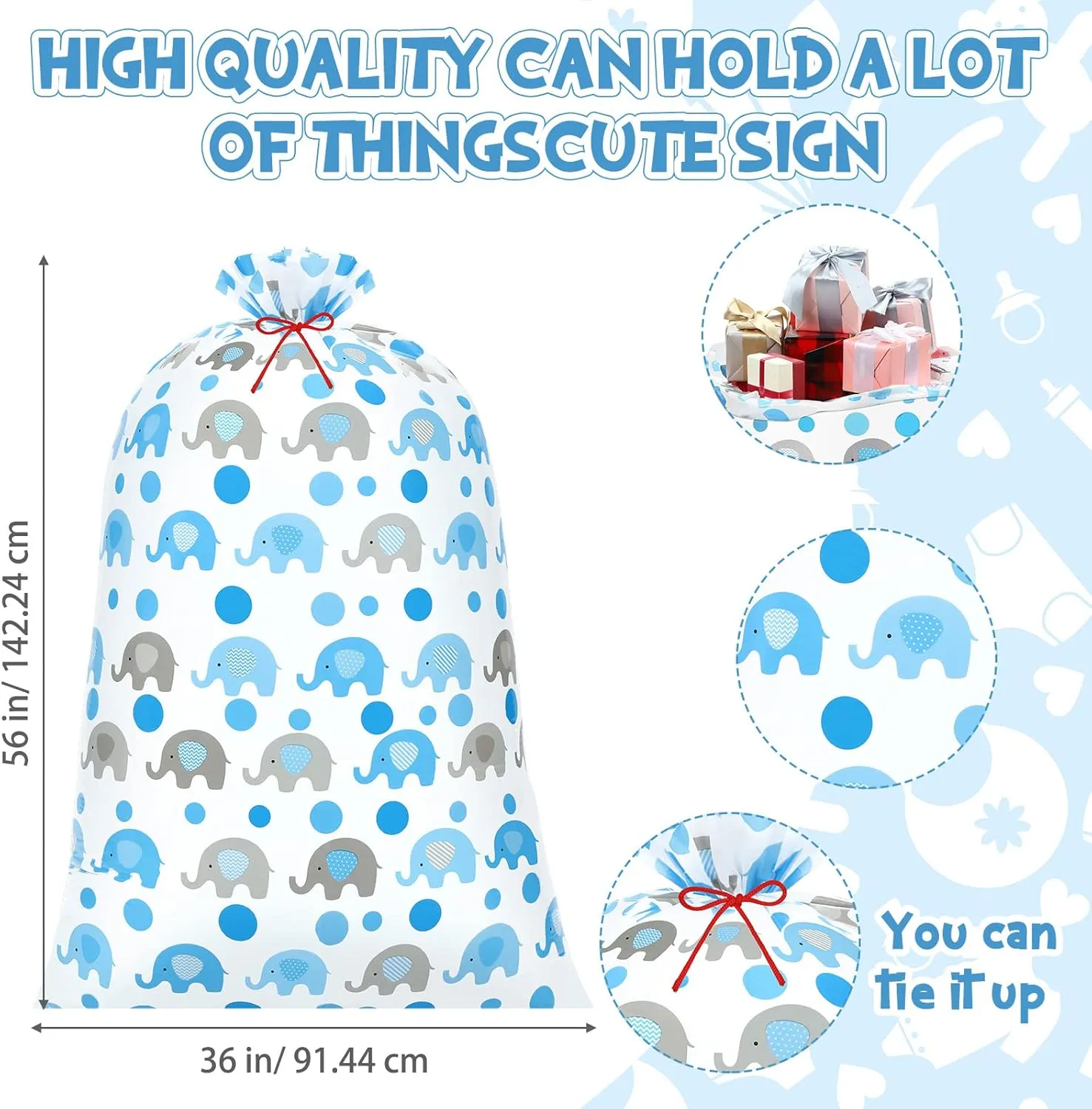 Zonon 3 Pcs 56'' Extra Large Baby Shower Bag Elephant Oversized Holiday Plastic Gift Bags Jumbo Storage Wrapping for Birthday Party Favors Gift Wrap(Blue)
